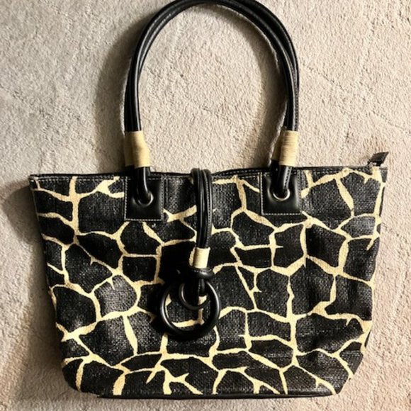 SONDRA ROBERTS SQUARED - Giraffe Print Tote Straw Handbag - Great Condition - Picture 2 of 16